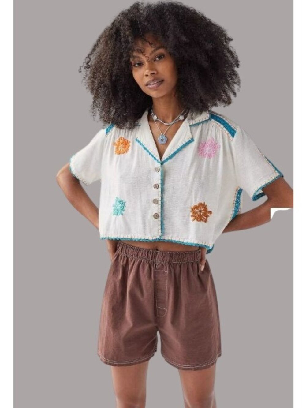Urban Outfitters Embroidered Cropped SZ S Boho Festival Lagenlook Shirt